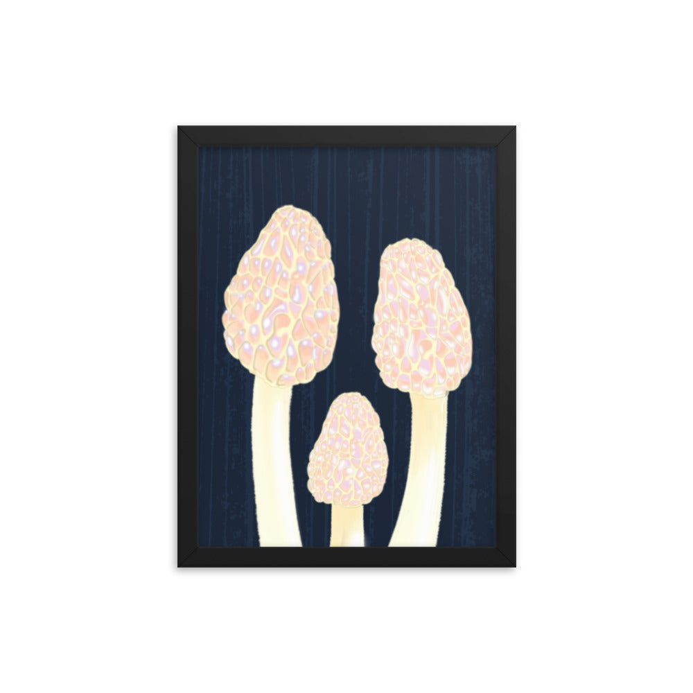 Morel Framed poster - Hand-Painted Morel Mushroom Poster – Pink & Blue Framed Art - Fungi Home Decor