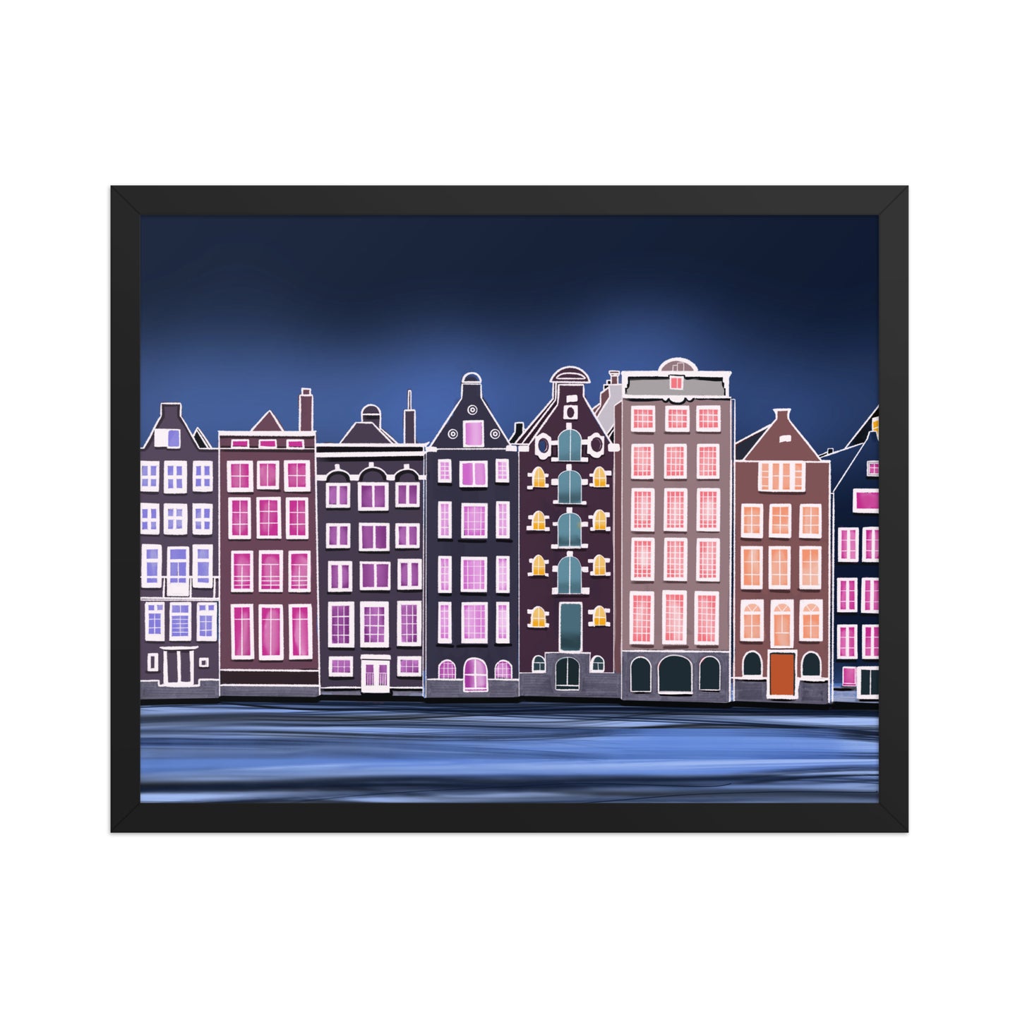 Amsterdam Night Scene - Vibrant Hand-Painted European Architecture Framed Poster