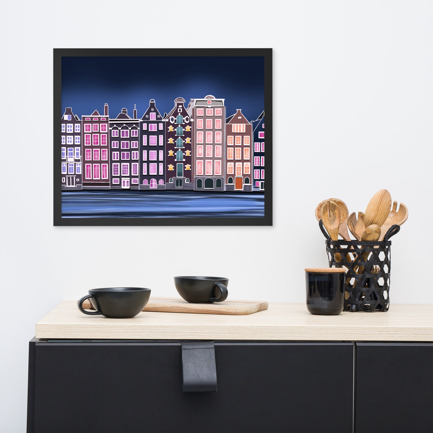 Amsterdam Night Scene - Vibrant Hand-Painted European Architecture Framed Poster