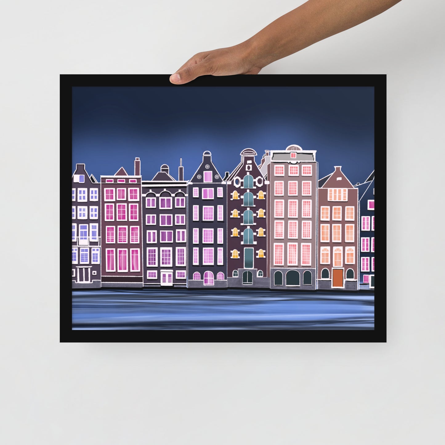 Amsterdam Night Scene - Vibrant Hand-Painted European Architecture Framed Poster