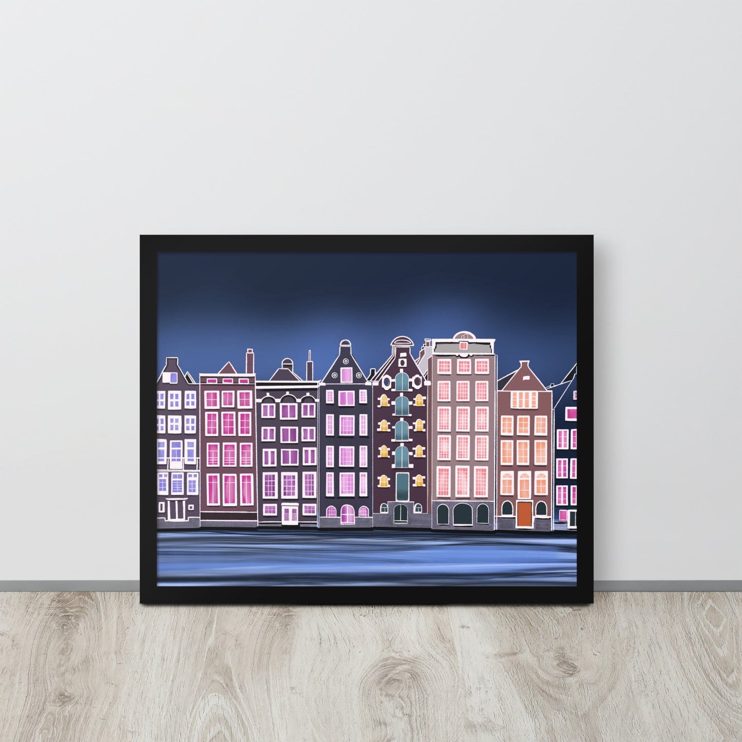 Amsterdam Night Scene - Vibrant Hand-Painted European Architecture Framed Poster