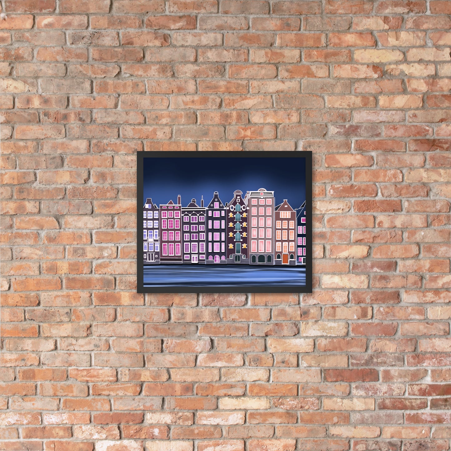 Amsterdam Night Scene - Vibrant Hand-Painted European Architecture Framed Poster