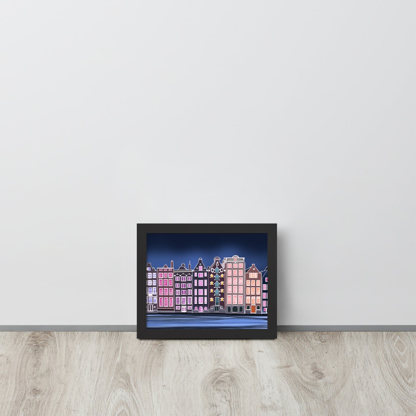 Amsterdam Night Scene - Vibrant Hand-Painted European Architecture Framed Poster