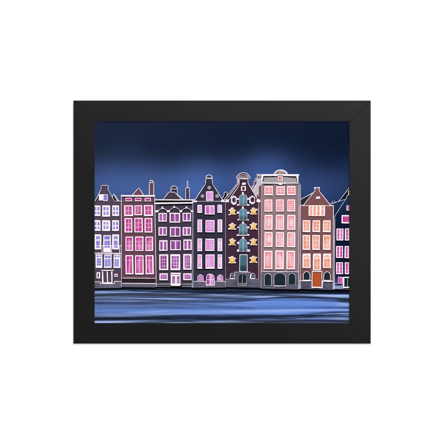 Amsterdam Night Scene - Vibrant Hand-Painted European Architecture Framed Poster