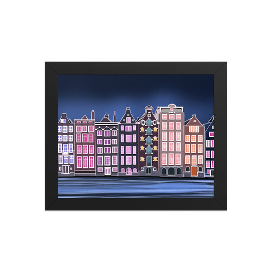 Amsterdam Night Scene - Vibrant Hand-Painted European Architecture Framed Poster