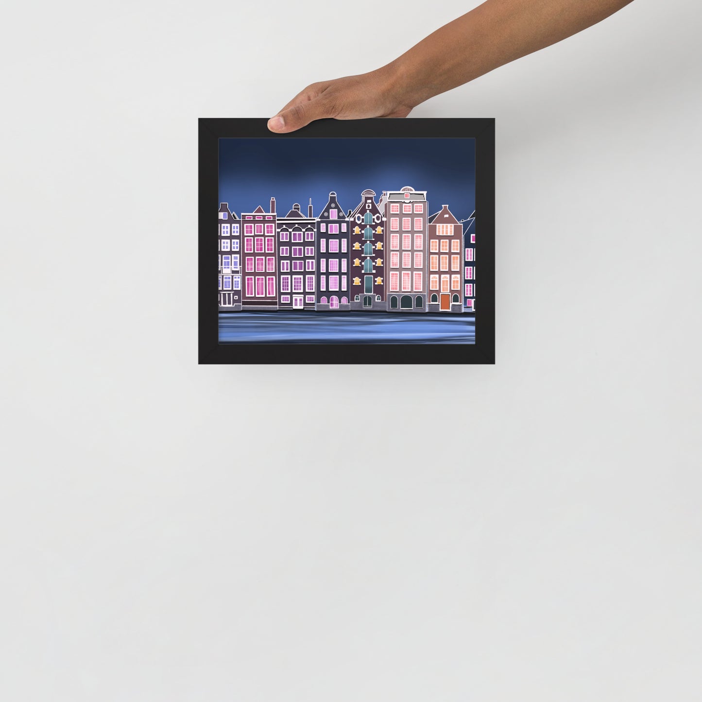 Amsterdam Night Scene - Vibrant Hand-Painted European Architecture Framed Poster