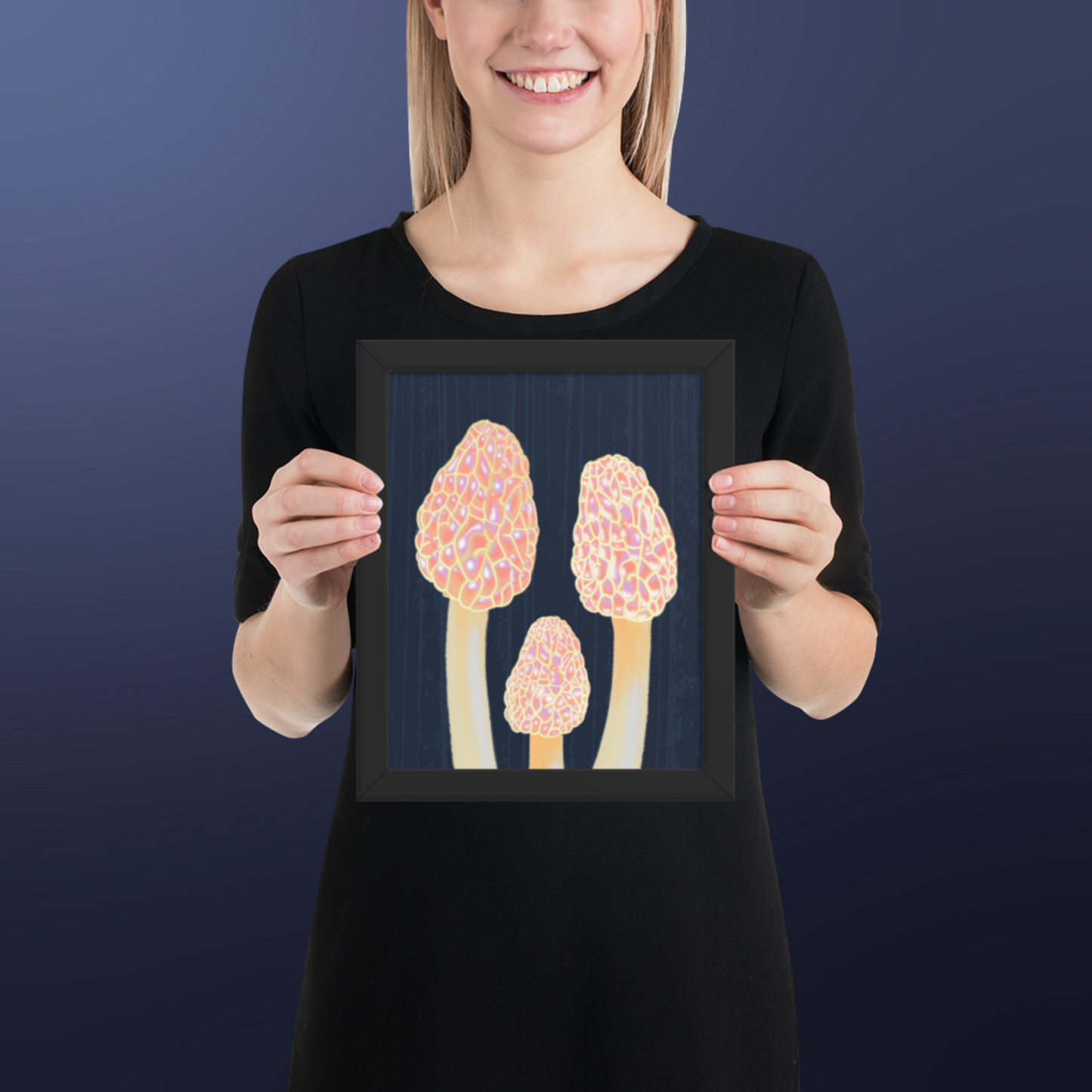 Morel Framed poster - Hand-Painted Morel Mushroom Poster – Pink & Blue Framed Art - Fungi Home Decor