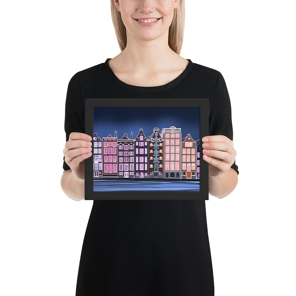 Amsterdam Night Scene - Vibrant Hand-Painted European Architecture Framed Poster