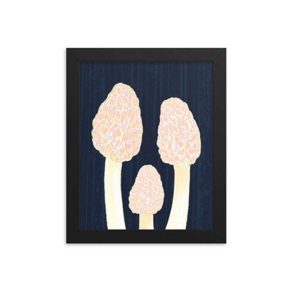 Morel Framed poster - Hand-Painted Morel Mushroom Poster – Pink & Blue Framed Art - Fungi Home Decor