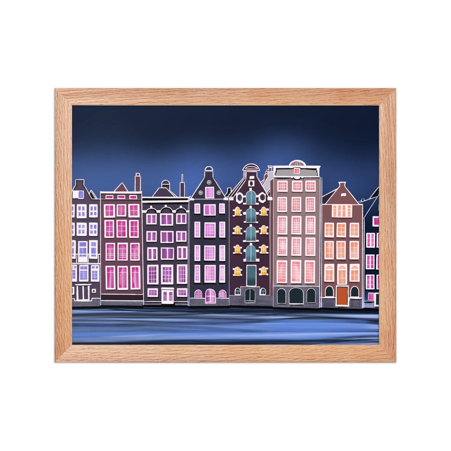 Amsterdam Night Scene - Vibrant Hand-Painted European Architecture Framed Poster