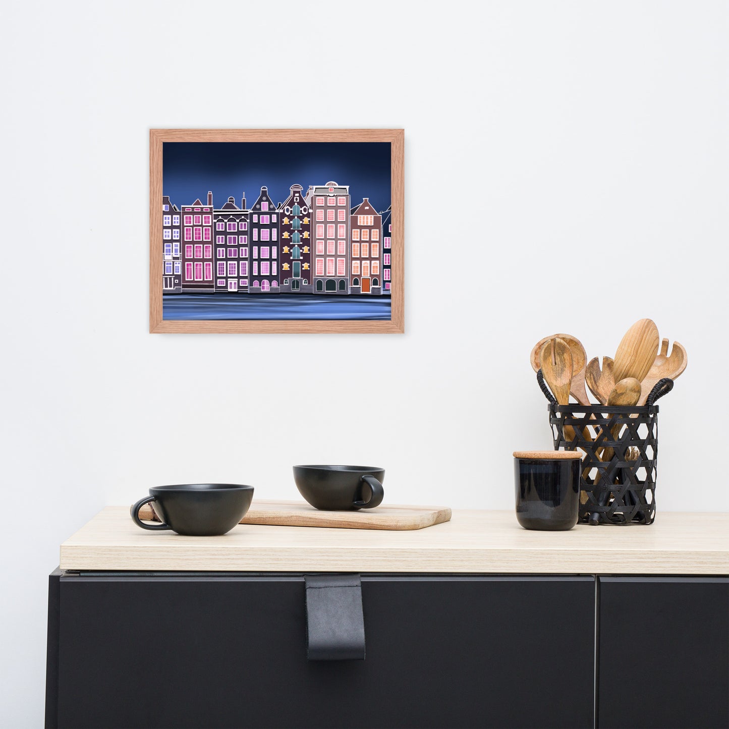 Amsterdam Night Scene - Vibrant Hand-Painted European Architecture Framed Poster