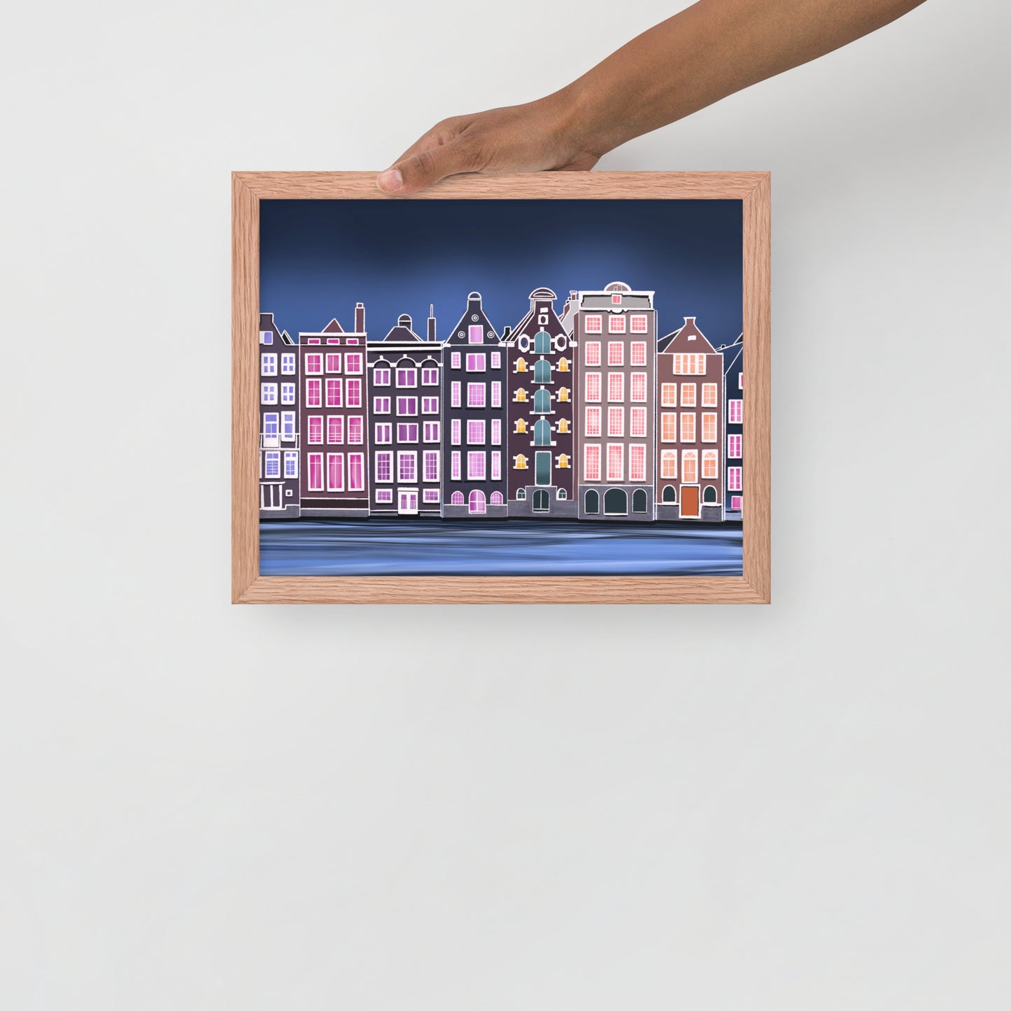 Amsterdam Night Scene - Vibrant Hand-Painted European Architecture Framed Poster