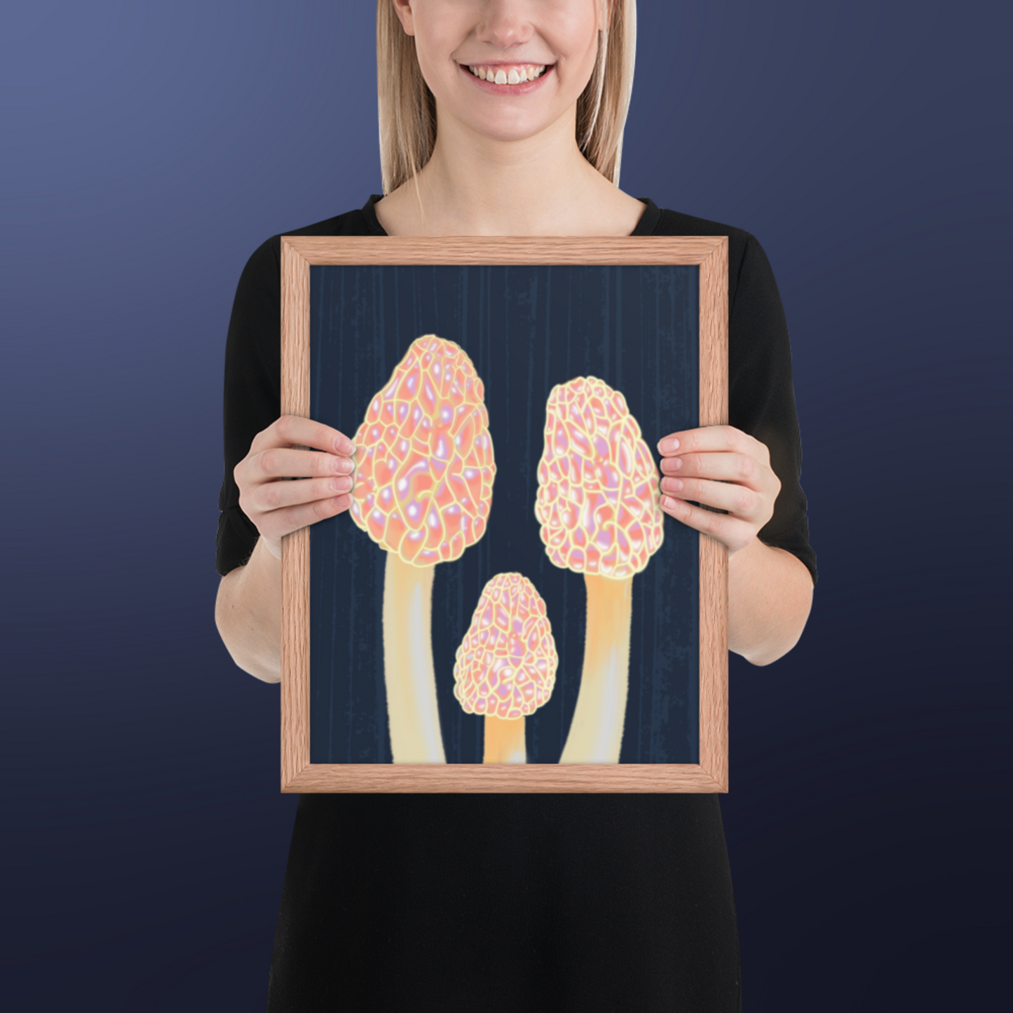 Morel Framed poster - Hand-Painted Morel Mushroom Poster – Pink & Blue Framed Art - Fungi Home Decor
