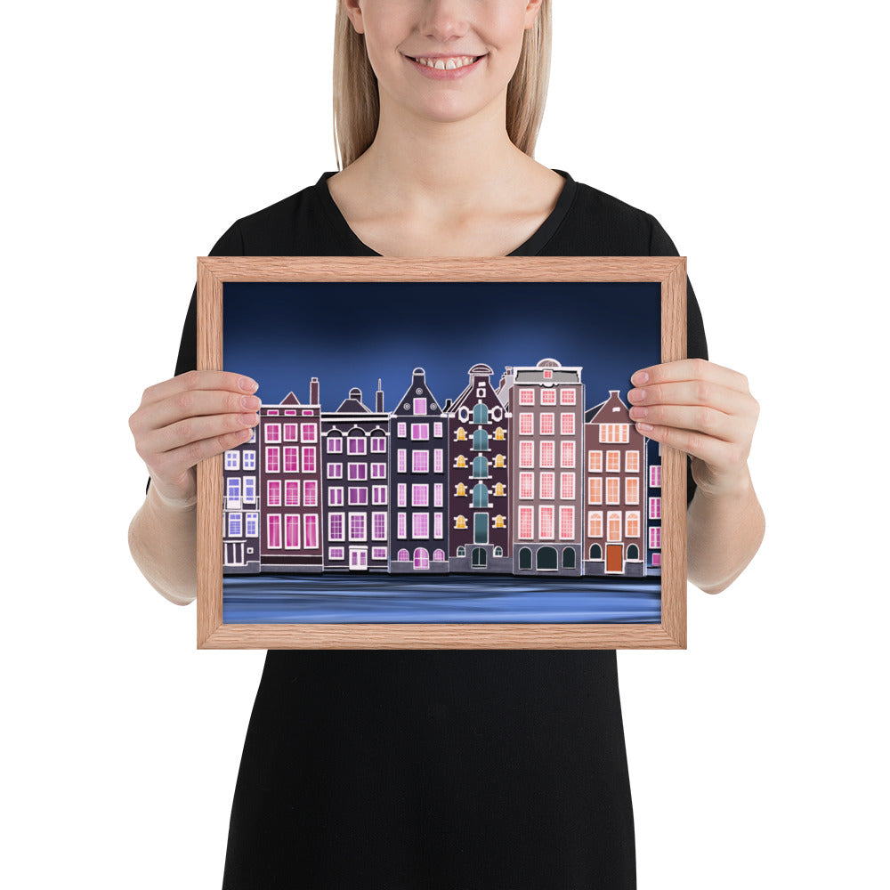 Amsterdam Night Scene - Vibrant Hand-Painted European Architecture Framed Poster