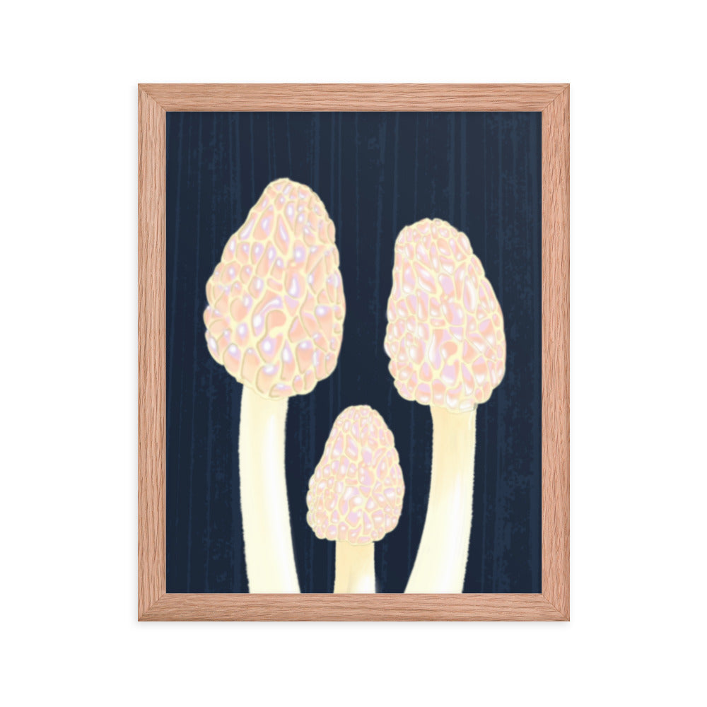 Morel Framed poster - Hand-Painted Morel Mushroom Poster – Pink & Blue Framed Art - Fungi Home Decor