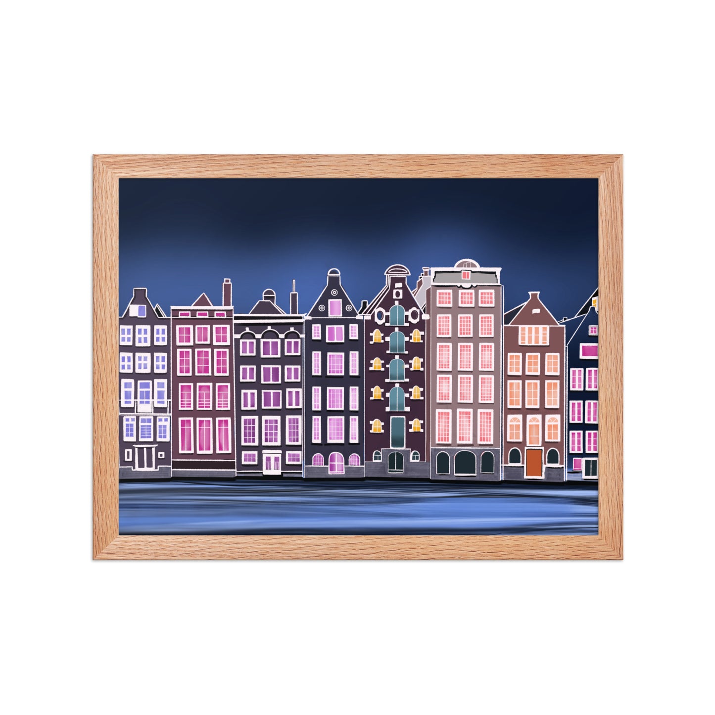 Amsterdam Night Scene - Vibrant Hand-Painted European Architecture Framed Poster