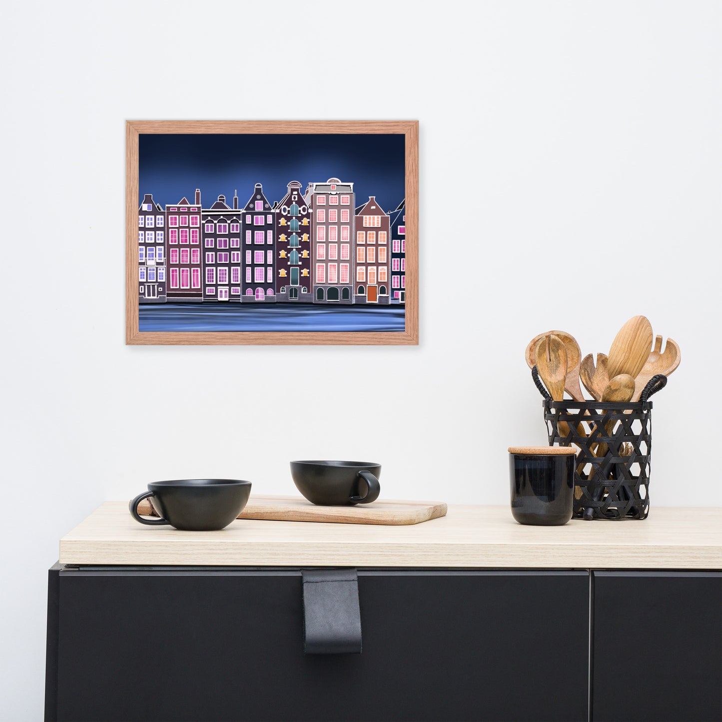 Amsterdam Night Scene - Vibrant Hand-Painted European Architecture Framed Poster