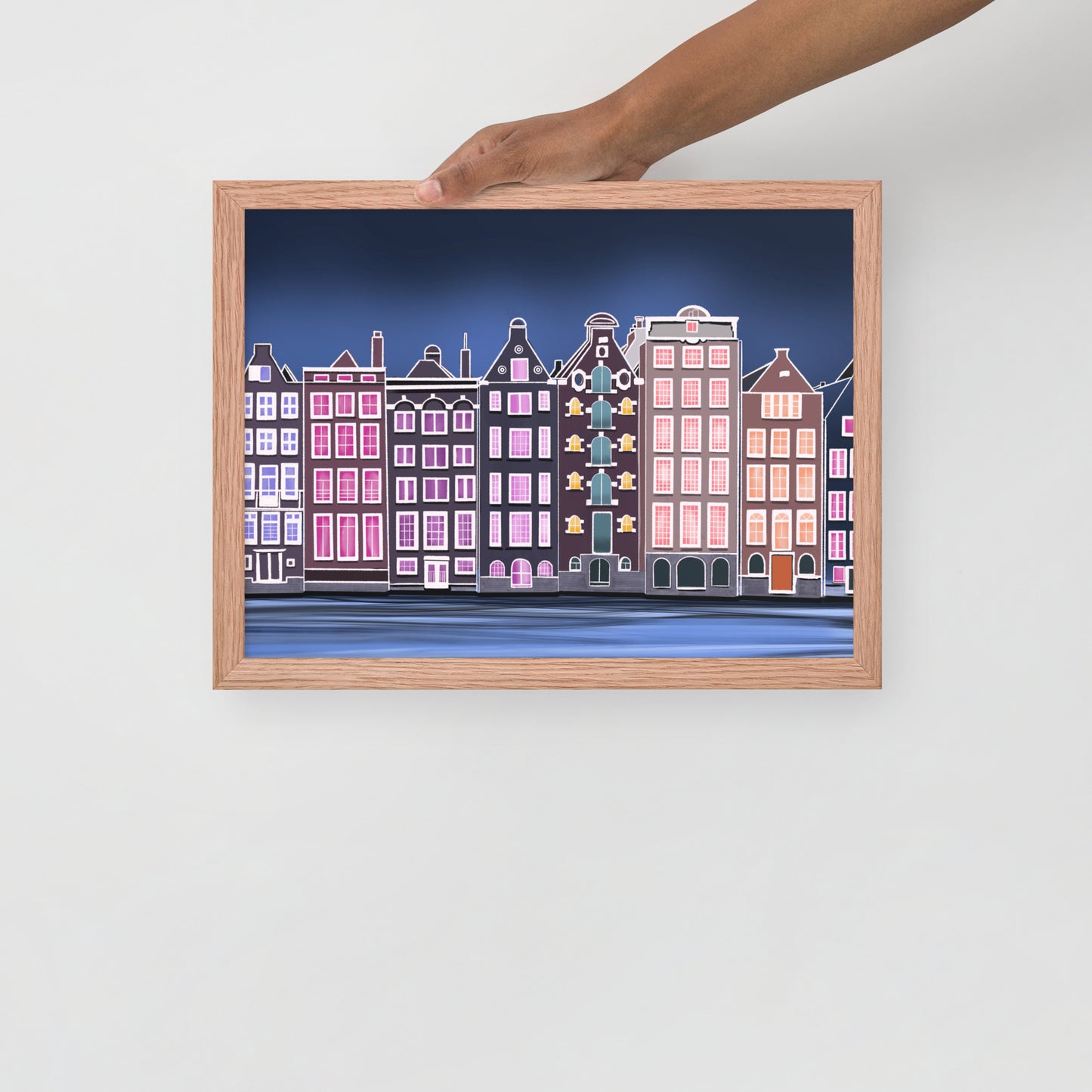 Amsterdam Night Scene - Vibrant Hand-Painted European Architecture Framed Poster