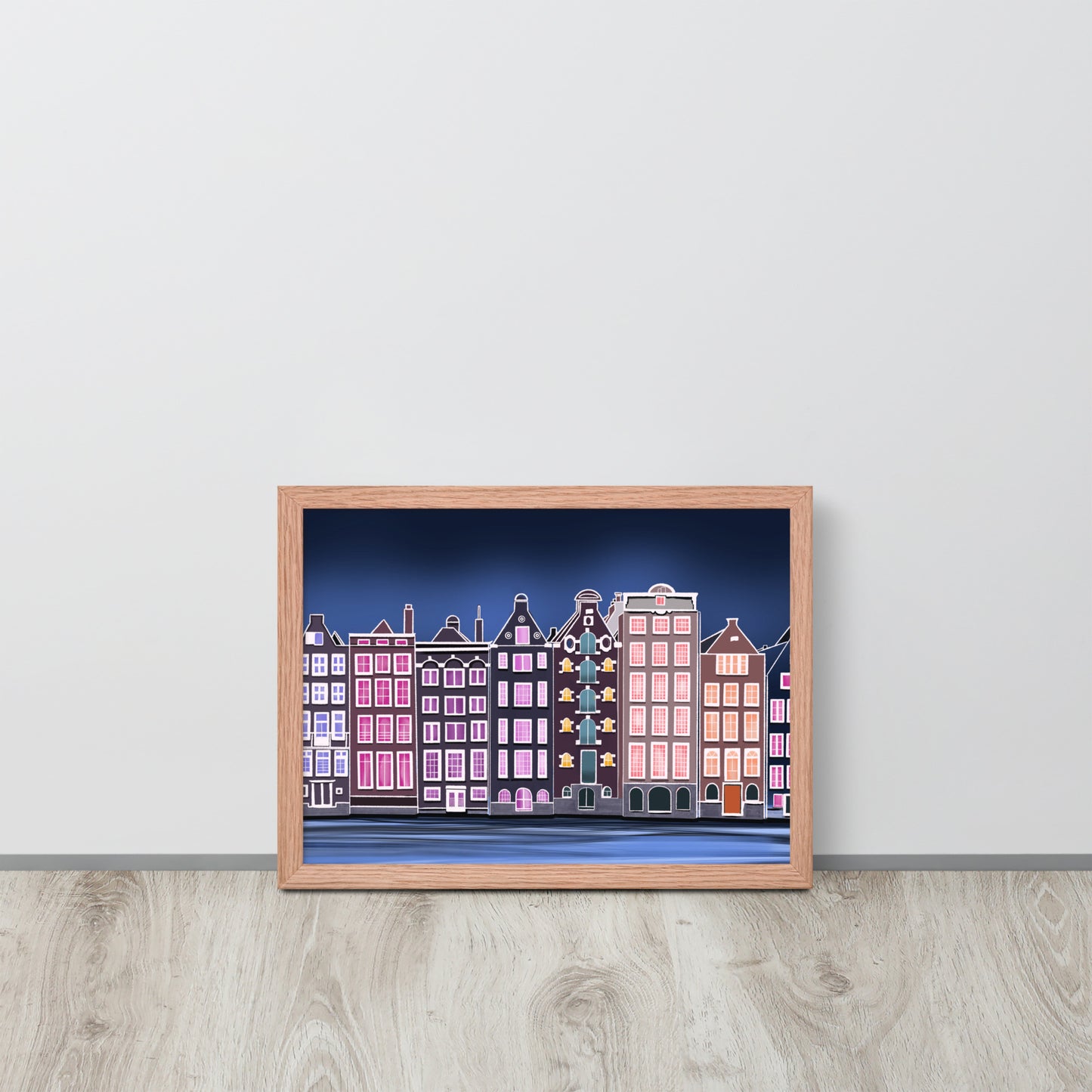 Amsterdam Night Scene - Vibrant Hand-Painted European Architecture Framed Poster