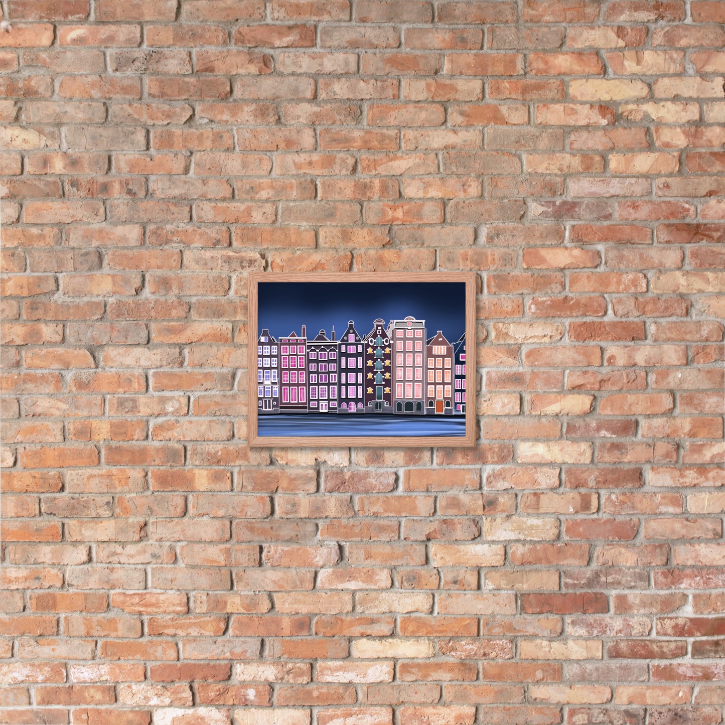 Amsterdam Night Scene - Vibrant Hand-Painted European Architecture Framed Poster