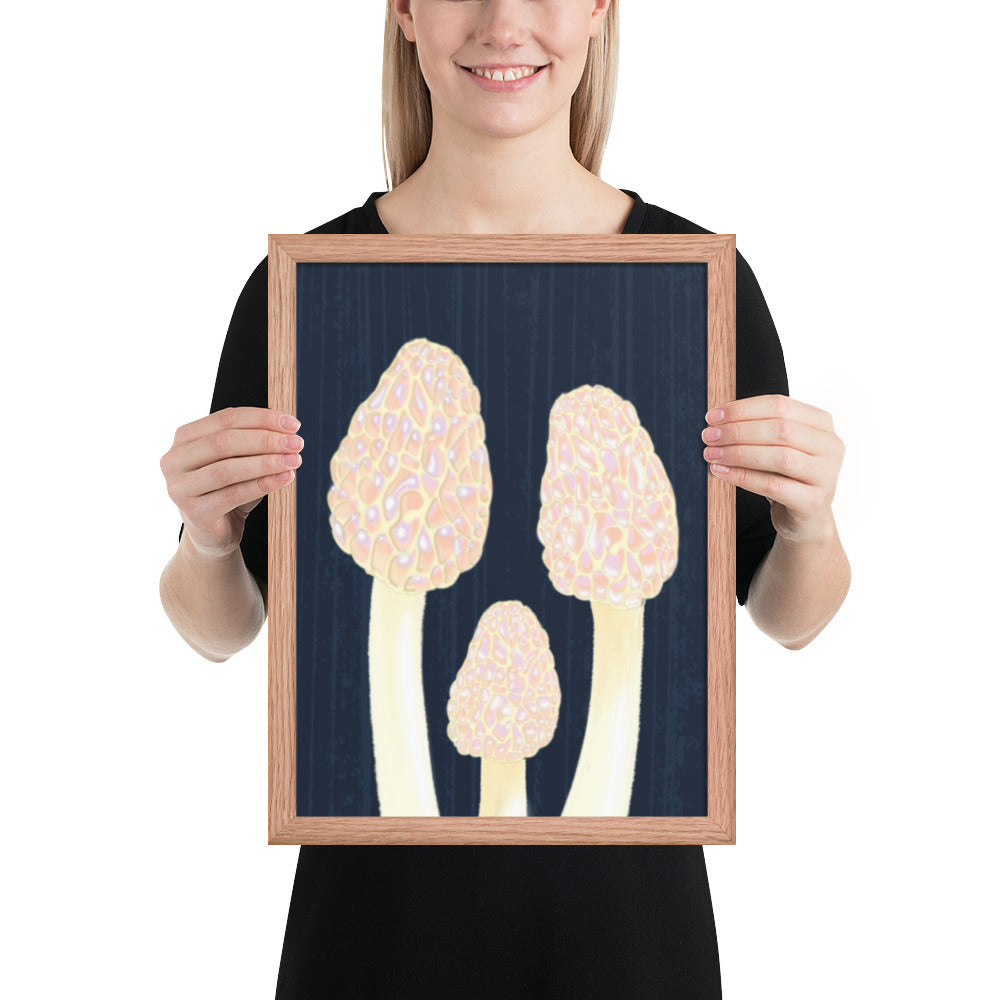 Morel Framed poster - Hand-Painted Morel Mushroom Poster – Pink & Blue Framed Art - Fungi Home Decor