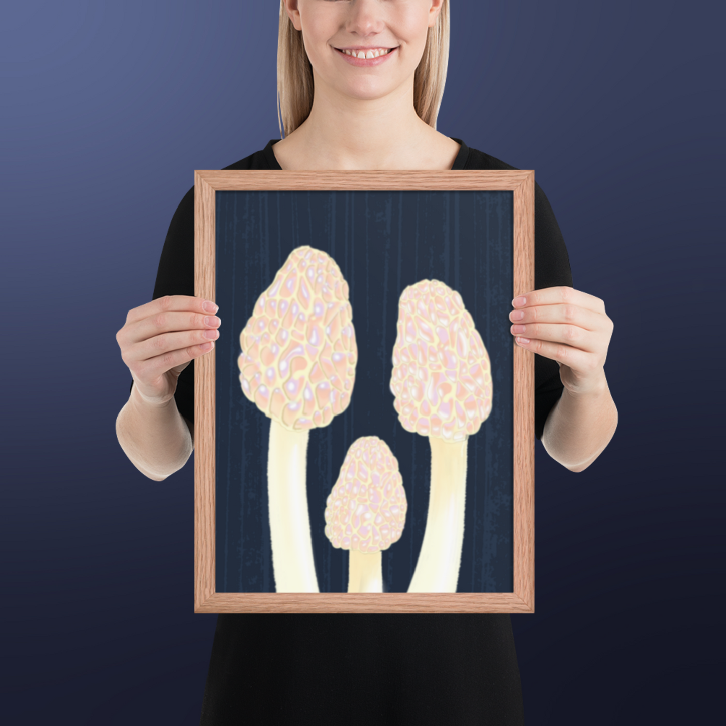 Morel Framed poster - Hand-Painted Morel Mushroom Poster – Pink & Blue Framed Art - Fungi Home Decor