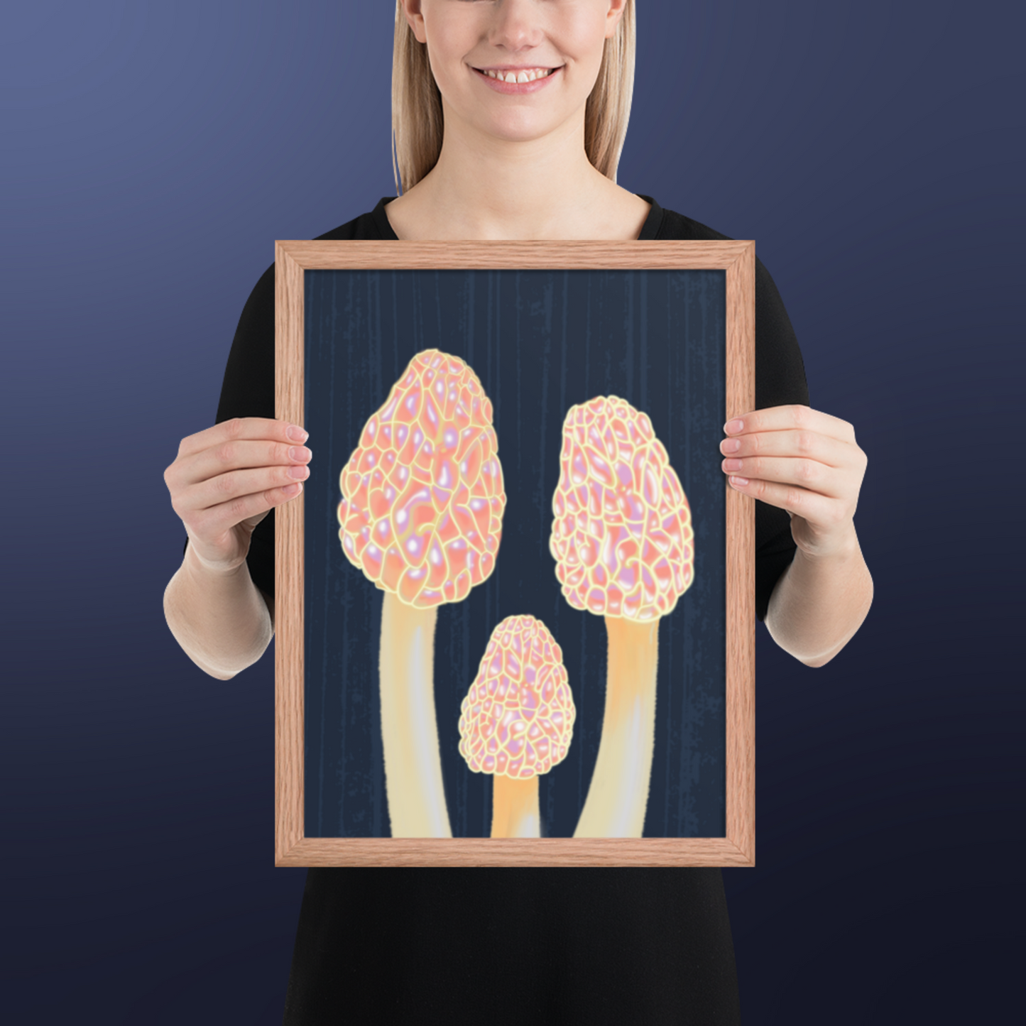 Morel Framed poster - Hand-Painted Morel Mushroom Poster – Pink & Blue Framed Art - Fungi Home Decor