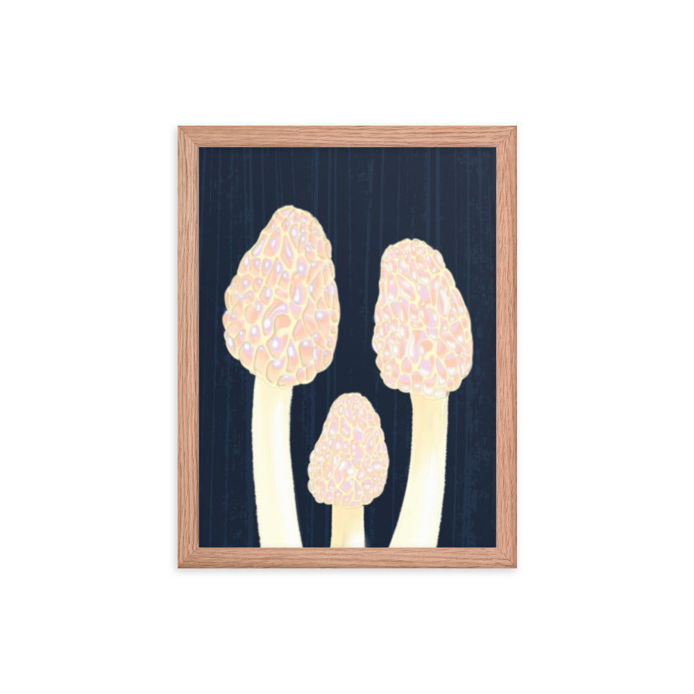 Morel Framed poster - Hand-Painted Morel Mushroom Poster – Pink & Blue Framed Art - Fungi Home Decor