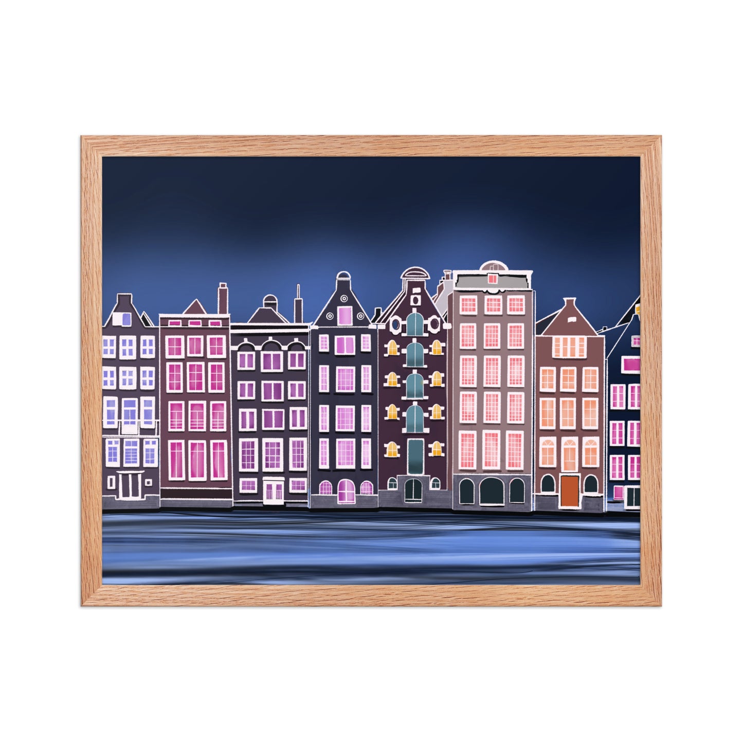 Amsterdam Night Scene - Vibrant Hand-Painted European Architecture Framed Poster