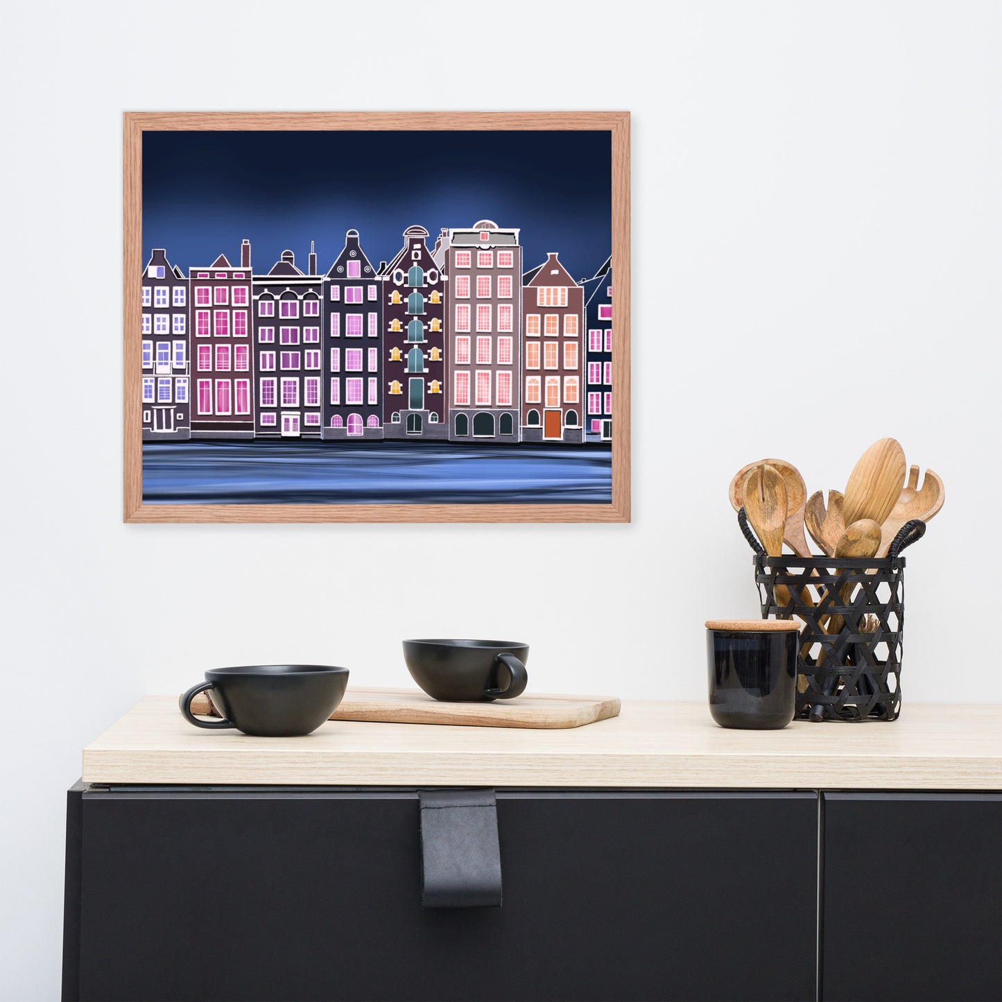 Amsterdam Night Scene - Vibrant Hand-Painted European Architecture Framed Poster