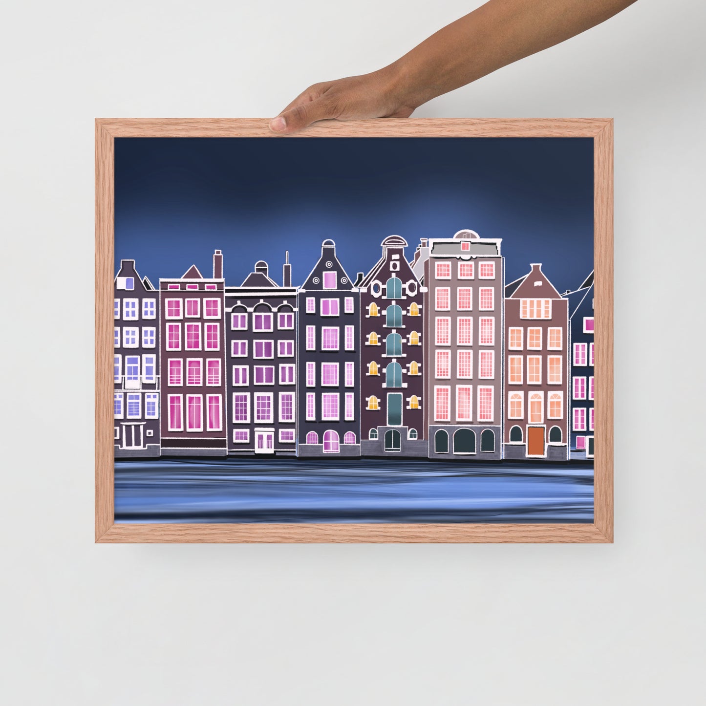 Amsterdam Night Scene - Vibrant Hand-Painted European Architecture Framed Poster