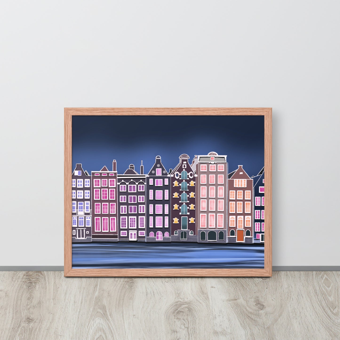 Amsterdam Night Scene - Vibrant Hand-Painted European Architecture Framed Poster