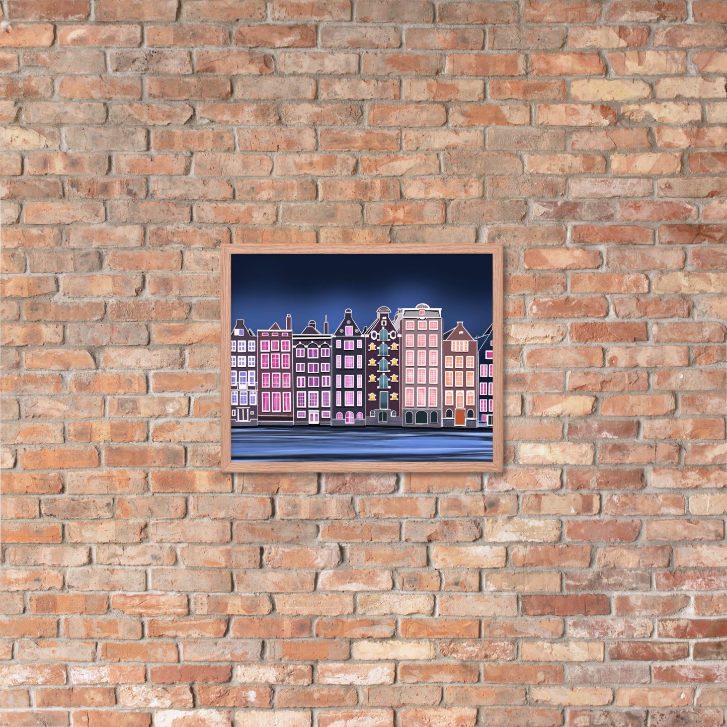 Amsterdam Night Scene - Vibrant Hand-Painted European Architecture Framed Poster