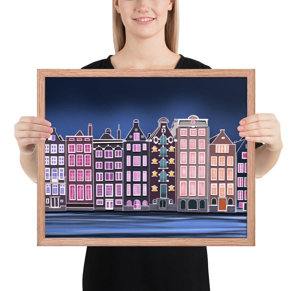 Amsterdam Night Scene - Vibrant Hand-Painted European Architecture Framed Poster