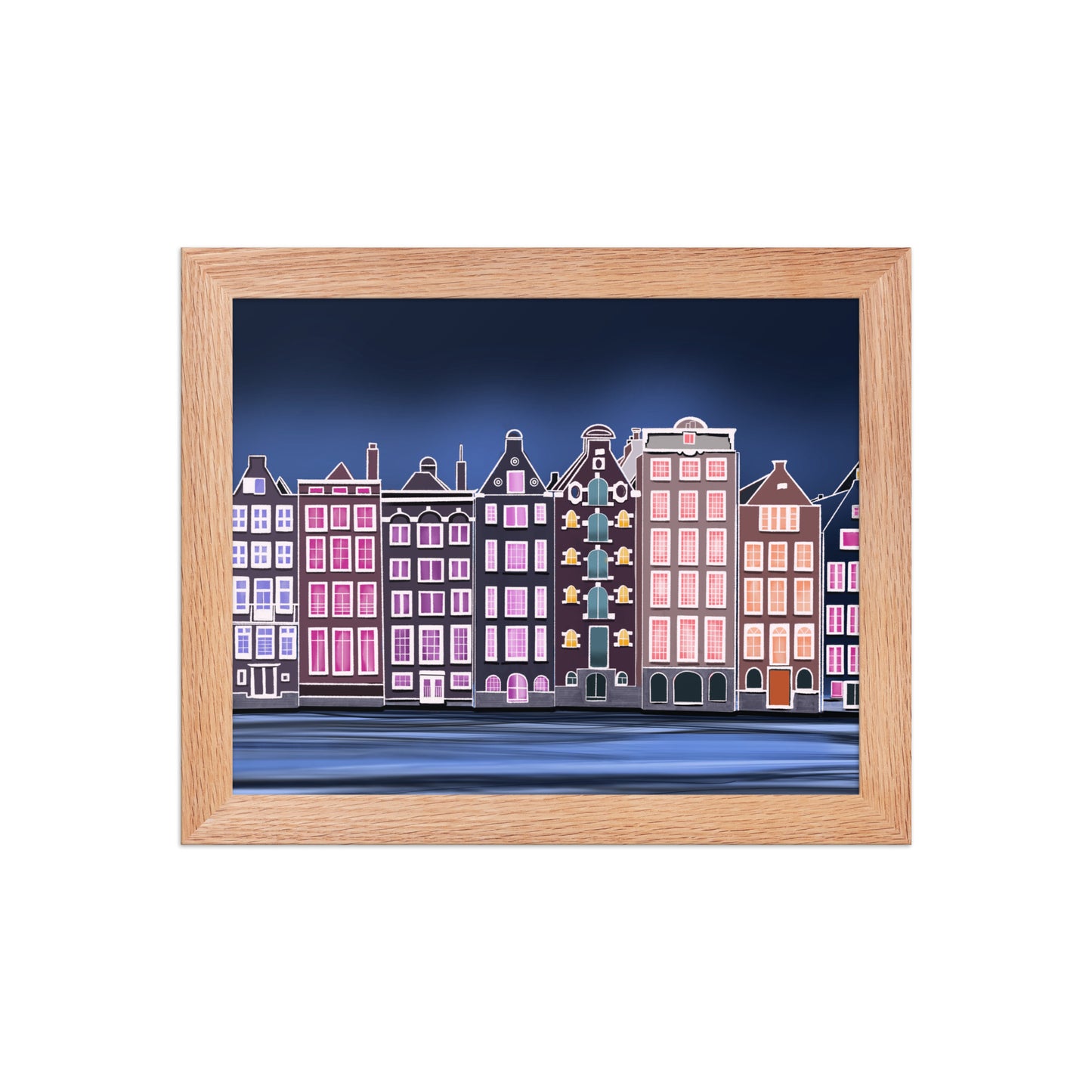 Amsterdam Night Scene - Vibrant Hand-Painted European Architecture Framed Poster