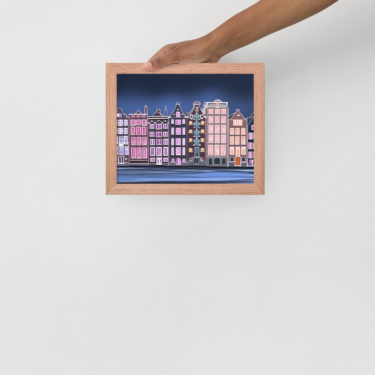 Amsterdam Night Scene - Vibrant Hand-Painted European Architecture Framed Poster