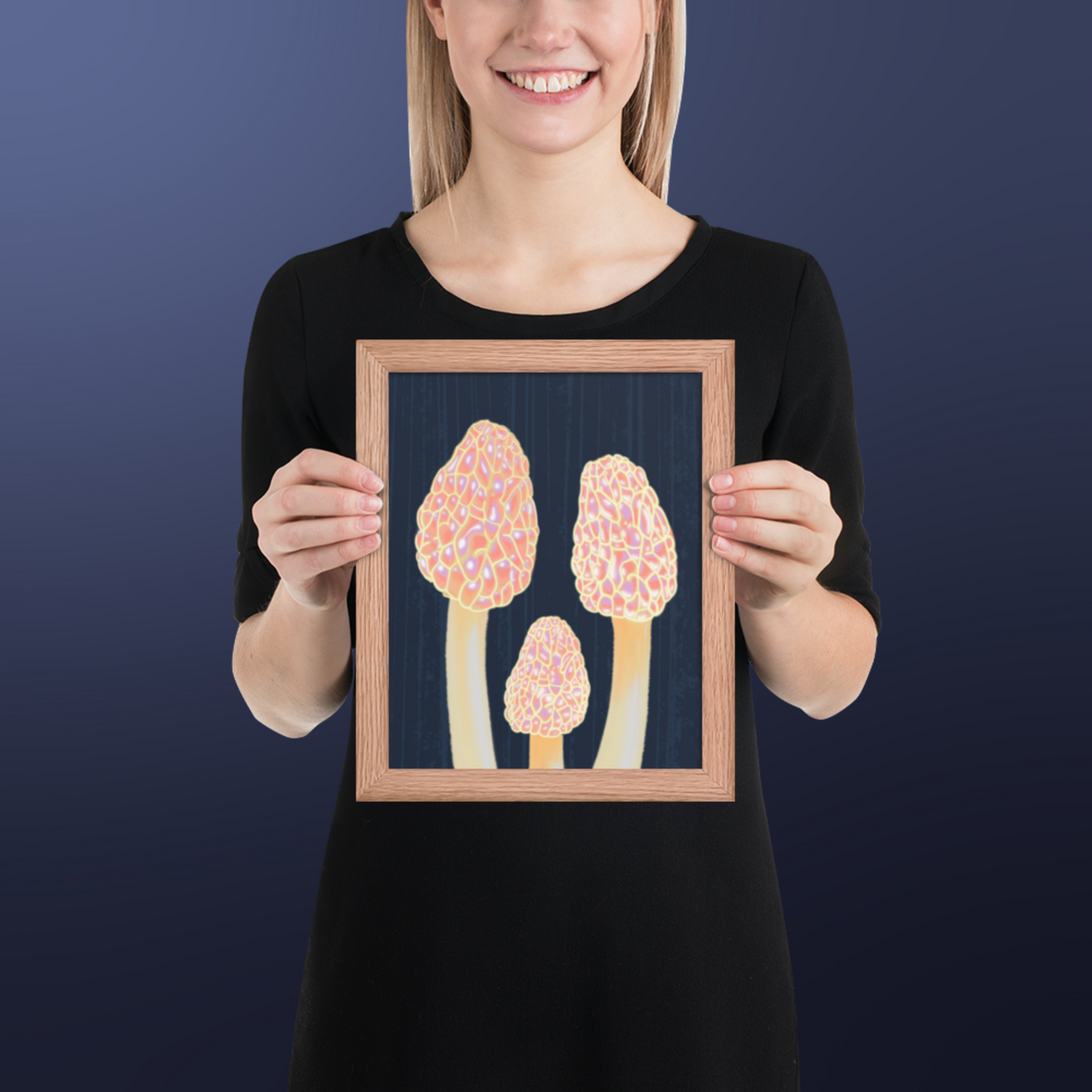 Morel Framed poster - Hand-Painted Morel Mushroom Poster – Pink & Blue Framed Art - Fungi Home Decor