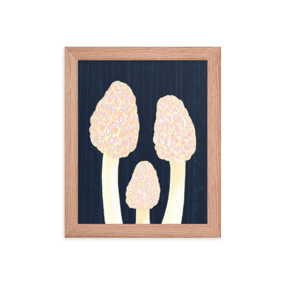 Morel Framed poster - Hand-Painted Morel Mushroom Poster – Pink & Blue Framed Art - Fungi Home Decor