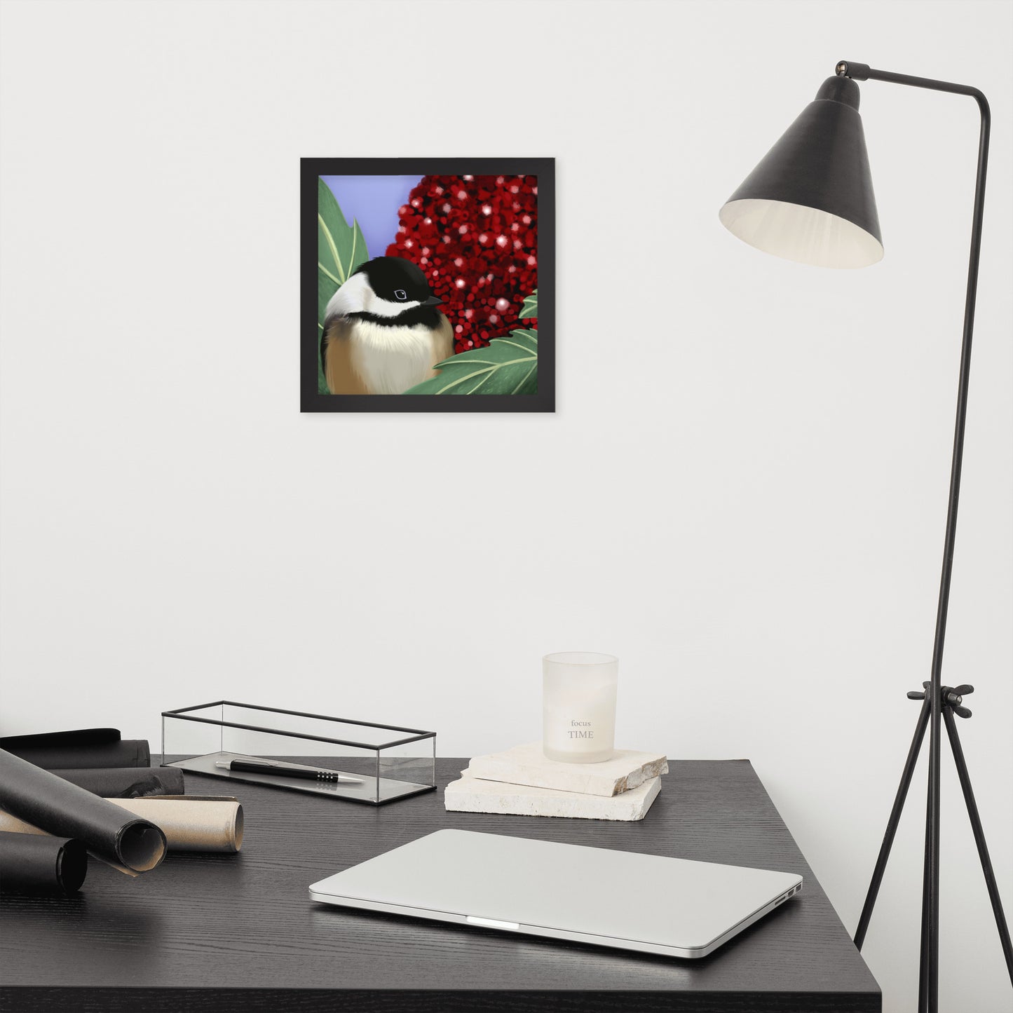 Chickadee & Sumac Tree Wall Art | Hand-Painted Bird Print | Nature Home Décor
