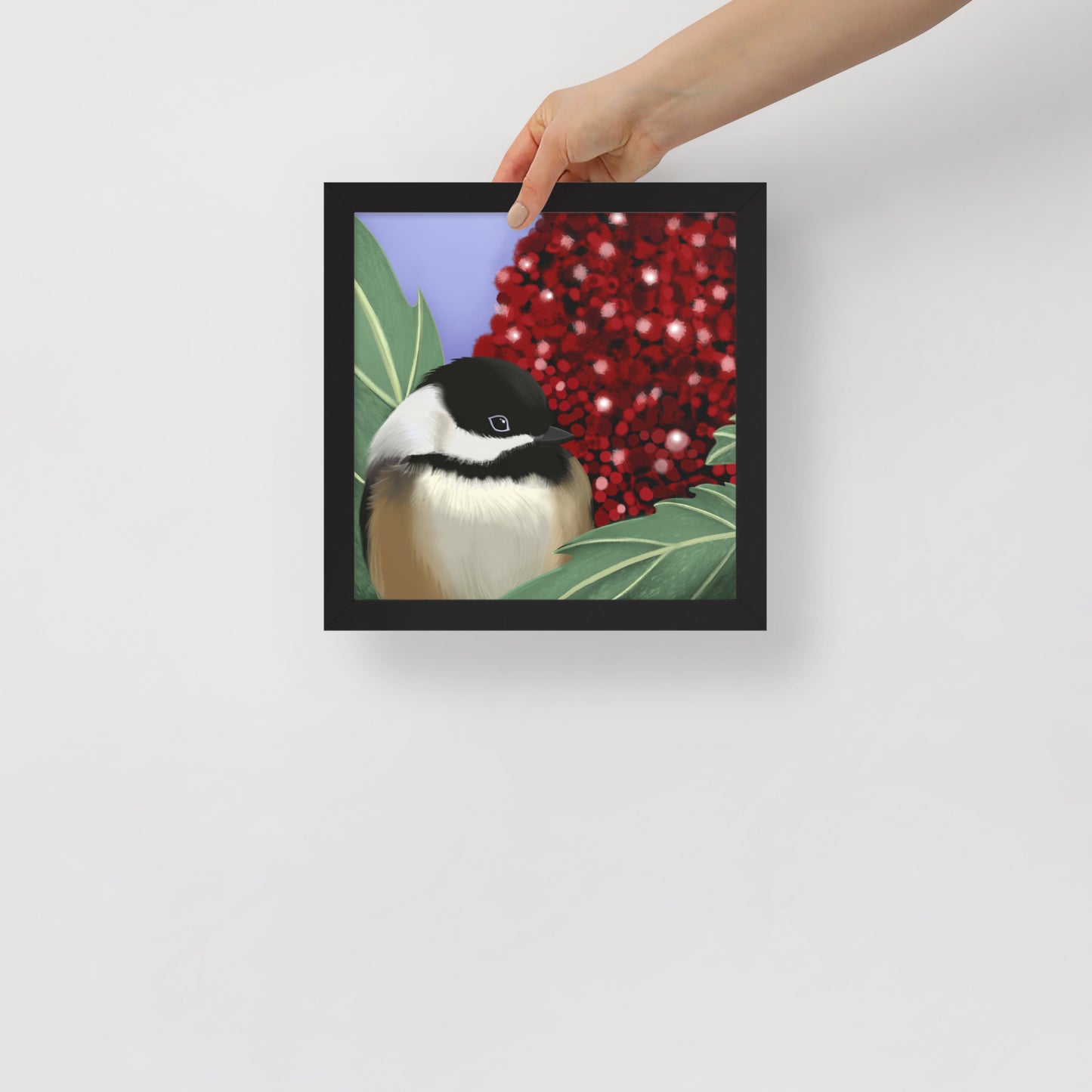 Chickadee & Sumac Tree Wall Art | Hand-Painted Bird Print | Nature Home Décor