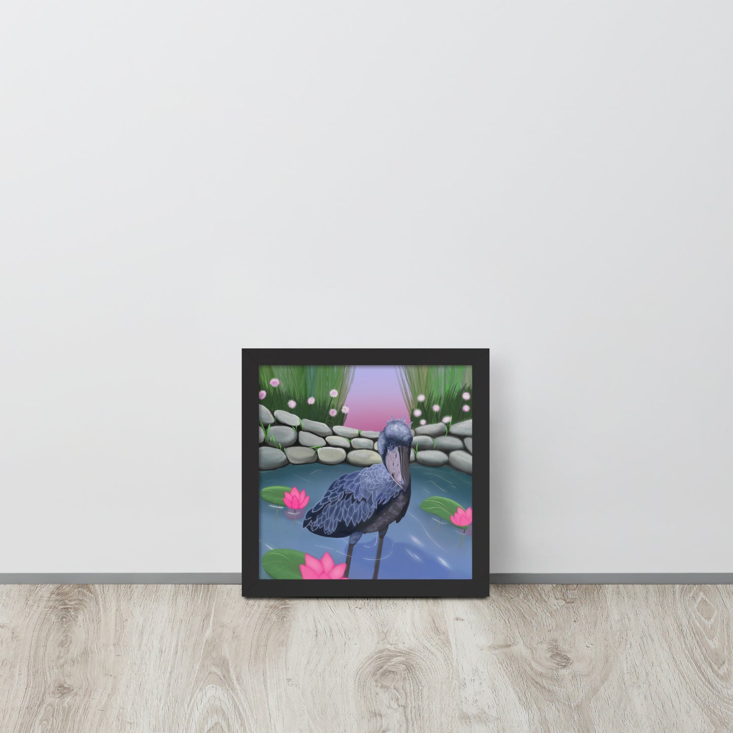 Shoebill Stork Wall Art | Hand-Painted Bird in Lotus Pond