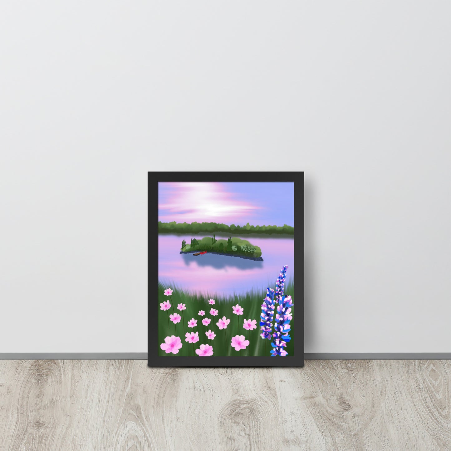 Red Canoe at Sunset – Lake Landscape Wall Art Print