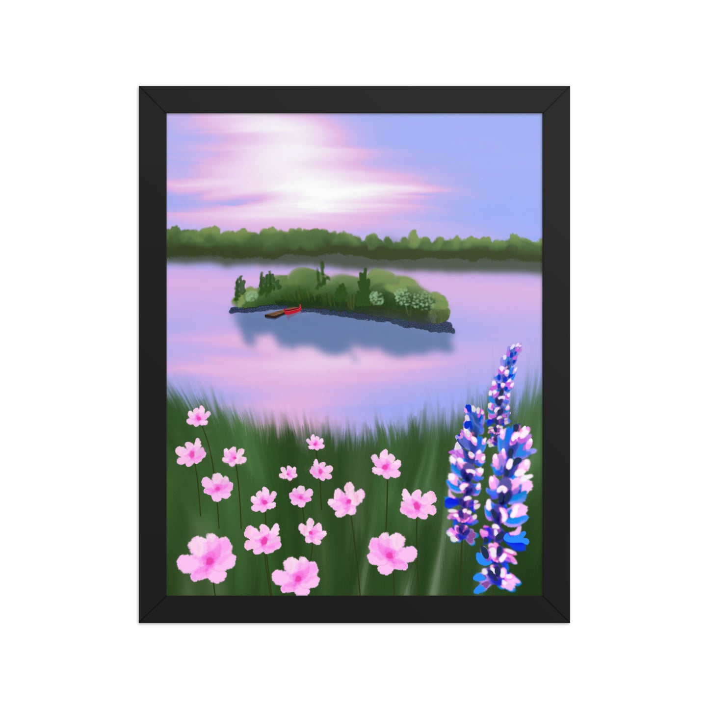 Red Canoe at Sunset – Lake Landscape Wall Art Print