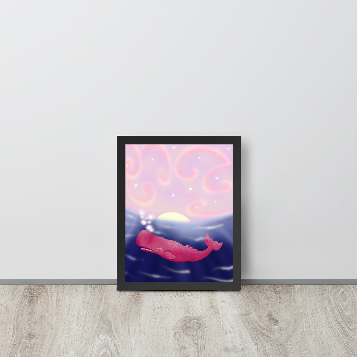 Pink Whale at Sunset Wall Art | Hand-Painted Ocean Print – Framed or Unframed