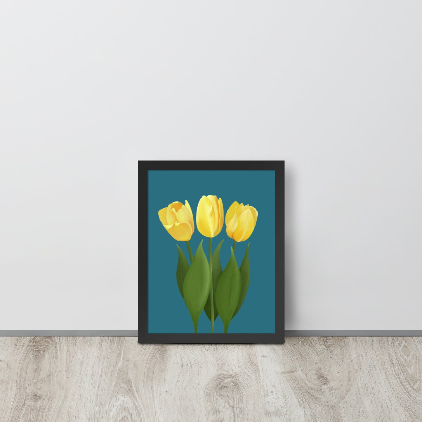 Yellow Tulip Floral Wall Art Print | Hand-Painted Botanical Decor on Teal