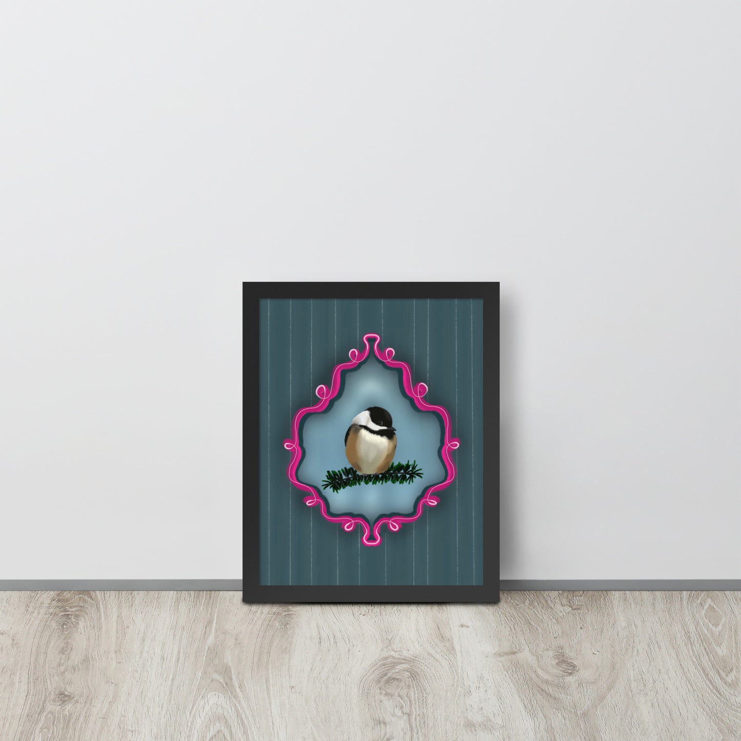 Chickadee on Pine Branch Wall Art | Whimsical Bird Print | Dark Blue Pinstripe