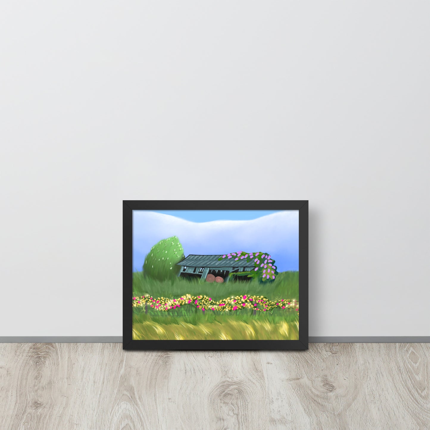 Countryside Barn & Lilac Florals Wall Art Print | Rustic Landscape Poster