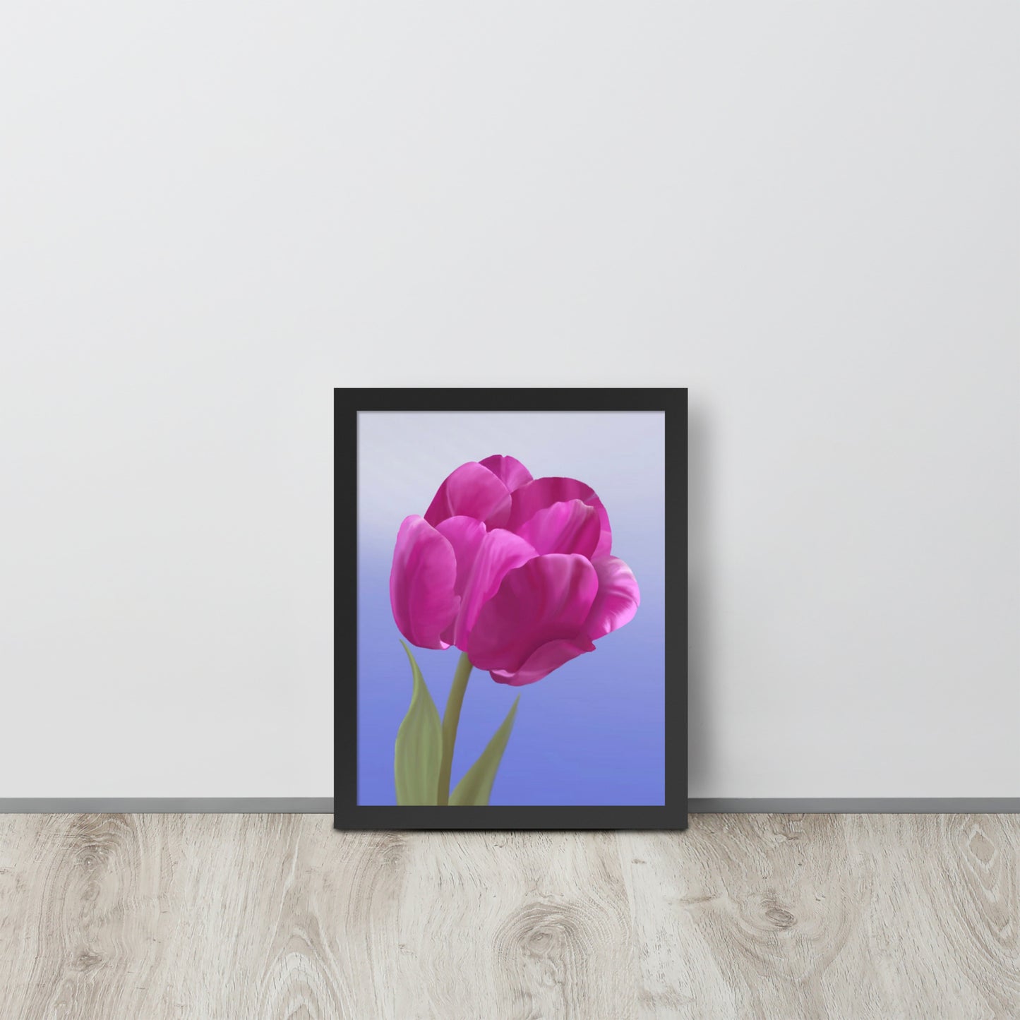 Fuchsia Tulip Wall Art | Hand-Painted Botanical Print on Blue