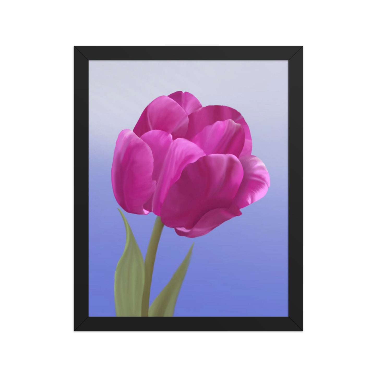 Fuchsia Tulip Wall Art | Hand-Painted Botanical Print on Blue