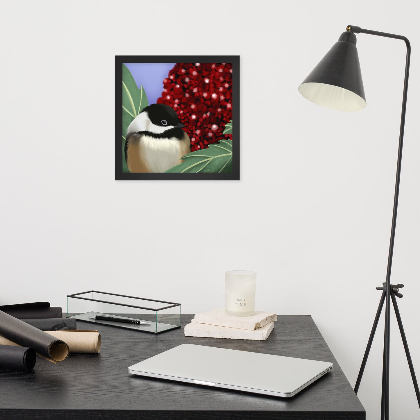 Chickadee & Sumac Tree Wall Art | Hand-Painted Bird Print | Nature Home Décor
